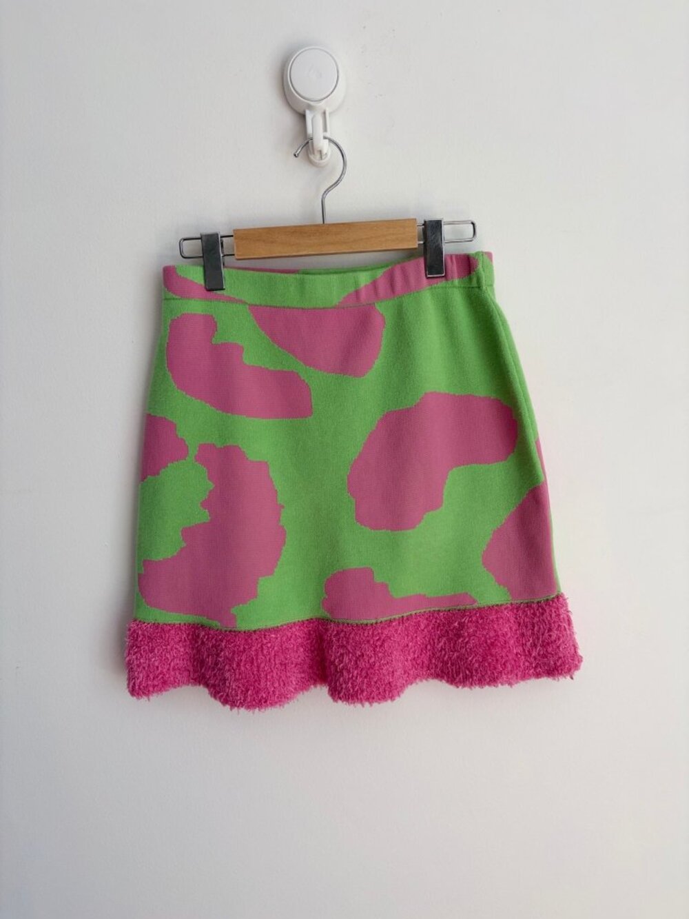 Twee Pink Green Abstract Knit Mini Skirt Fuzzy Ruffle Hem S